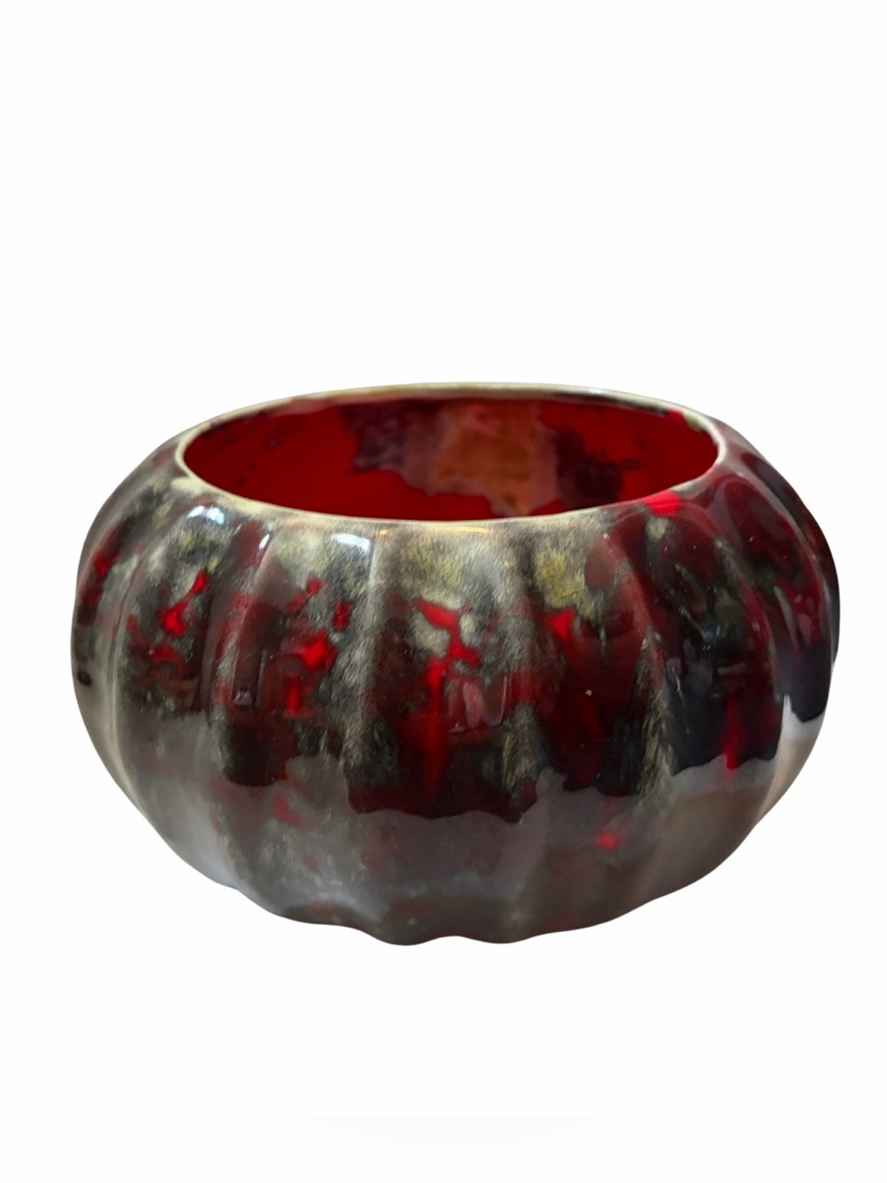 Vintage Mid-Century Studio Pottery Drip Glaze 6” Bowl Fluted Pumpkin Shape